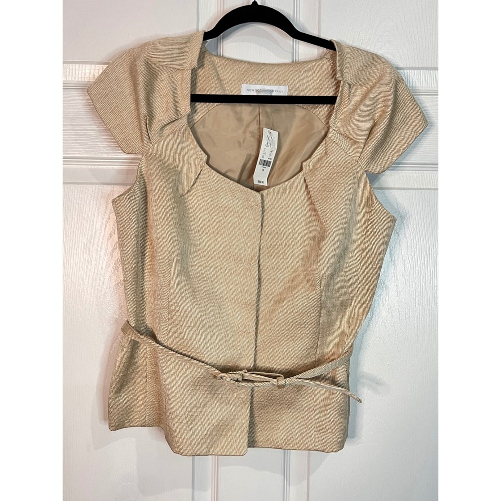 NWT New York & Company Tan Tweed Cap-Sleeve Belted Peplum Top - Size 10